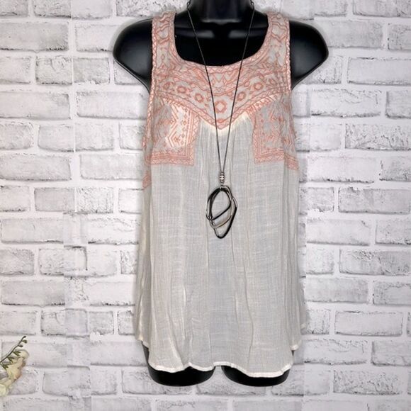 Sweet Wanderer Cream and Pink Embroidered Tank Top - Picture 1 of 6